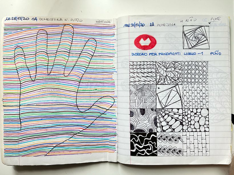 1° cuaderno de dibujos - intento rayas con mano y patterns