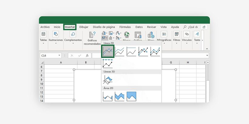 Cómo hacer gráficas en Excel Paso 2 accede a la pestaña «Insertar»