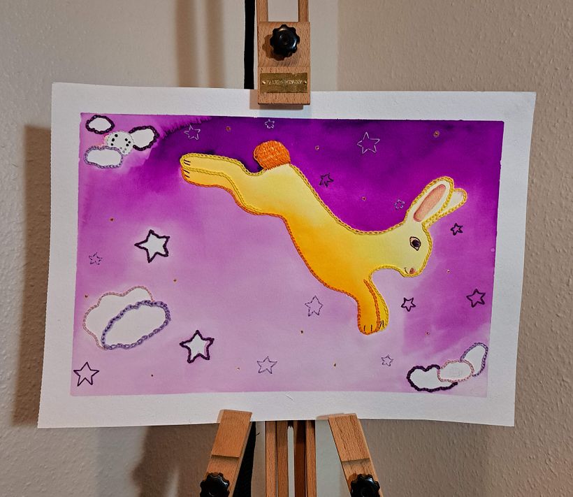 Bordado en papel, acuarelas y lapices de colores.