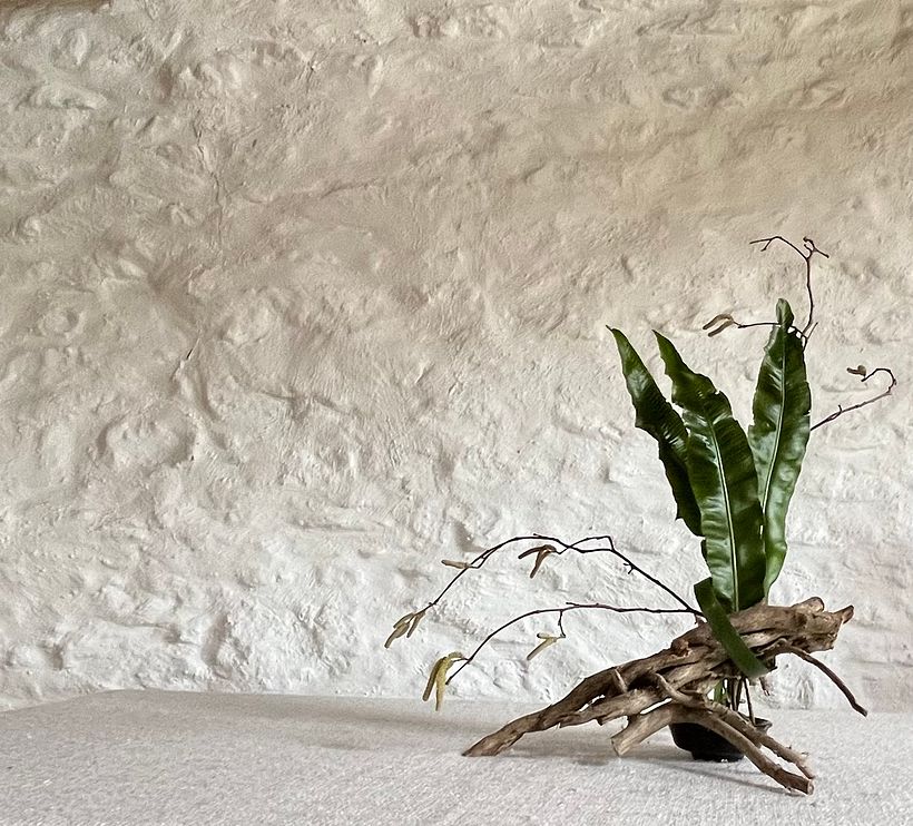 Freestyle Ikebana arrangement with seasonal materials foraged from the garden