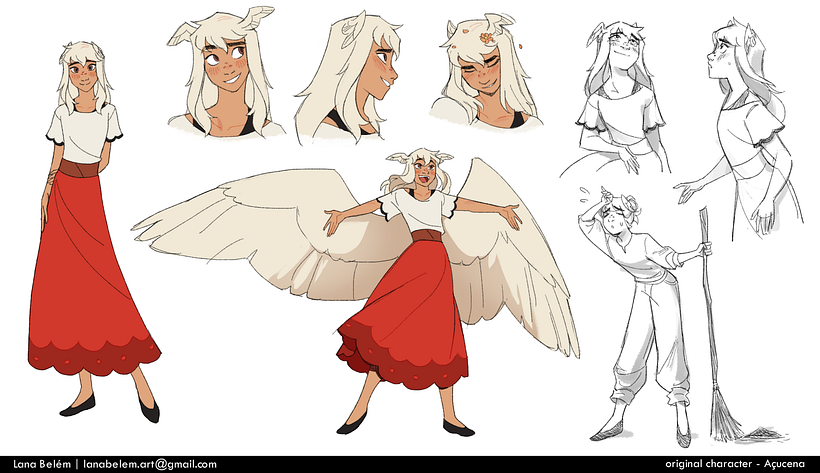 This is a character sheet for my original character, Açucena!! exploring her expressions and poses for future reference =)