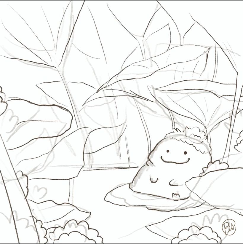 Sketching, I changed the rock to be a little frog because I love animals. >w<