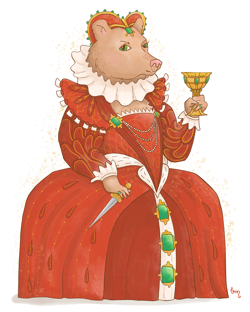 I'm really bad at rendering so I chose to watercolor her, in Adobe Fresco. Added a dagger at the last minute.