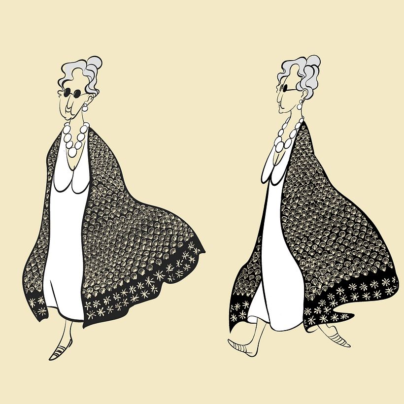 A sketch of a woman passing by in the street.