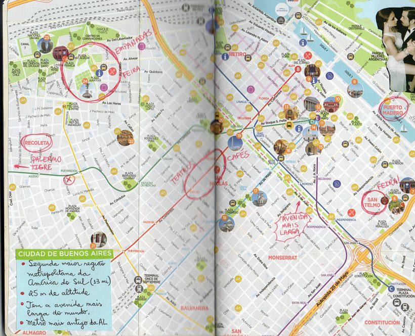 Mapa Buenos Aires z informacjami i propozycjami wycieczek.
