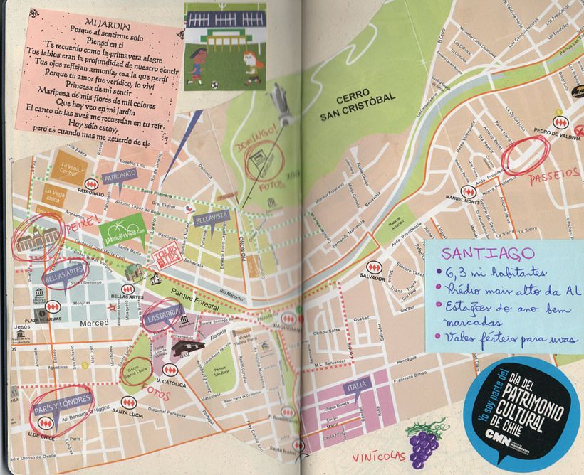 Mapa Santiago z ciekawostkami i wierszem.