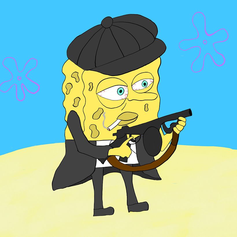 Desenho que mistura as referências Bob Esponja e Tommy Shelby.