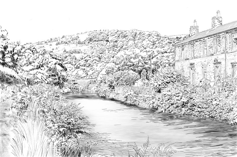 Pig Tail Lock, Huddersfield Narrow Canal, UK from my photo, drawn on iPad 