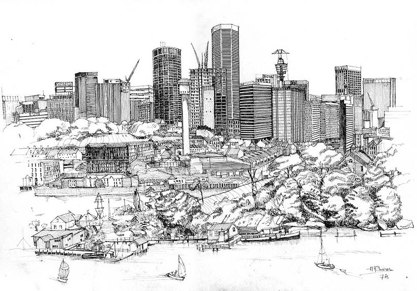 Sydney skyline from Balls Head Reserve 1978 drawn on location 