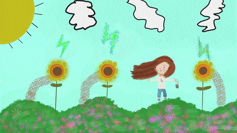 Niña paseando en el bosque, los tres girasoles tienen poderes y crean flores maravillosas