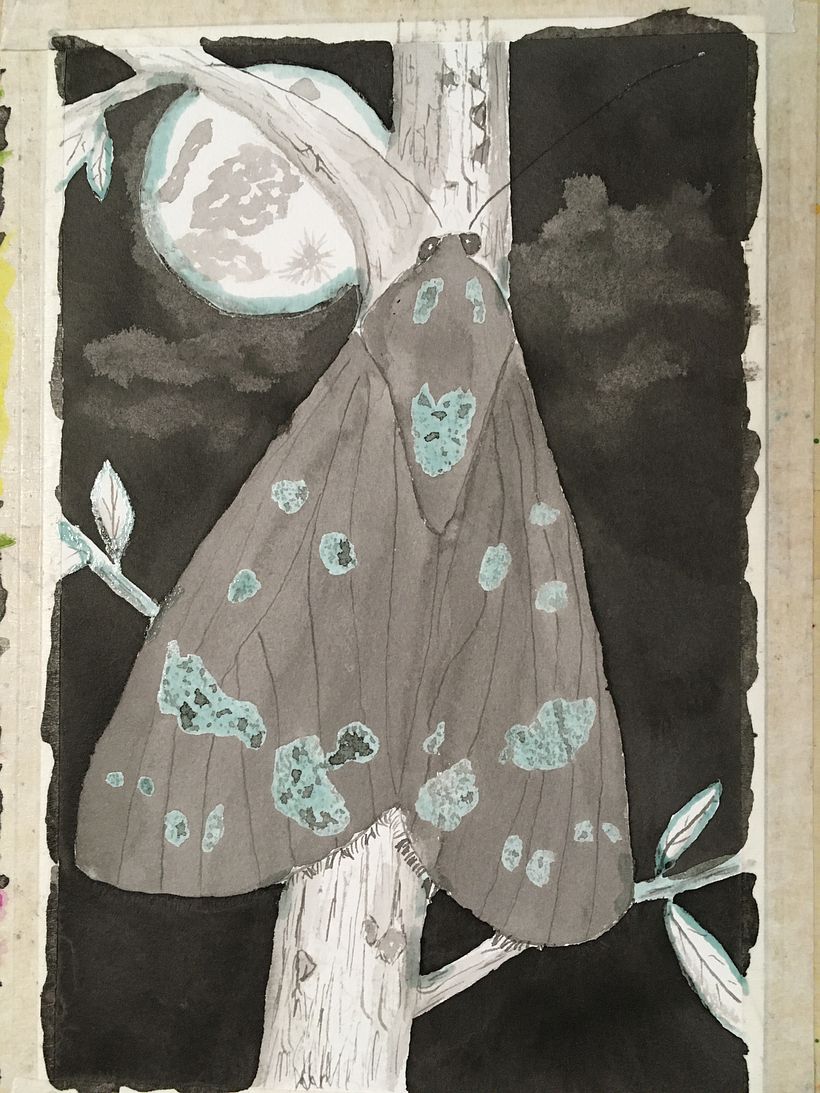 Used masking fluid on edges to keep fine lines and on spots and ink background