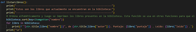 Función para listar los libros en orden alfabético, incluyendo algunos datos de los mismos.