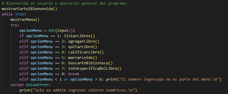 Acá se da la bienvenida al usuario y está el programa principal que utiliza todas las funciones anteriores.