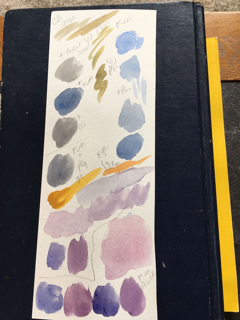Used French UM Blue, Crimson, Yellow Ochre, Burnt Sienna, Paynes Gray