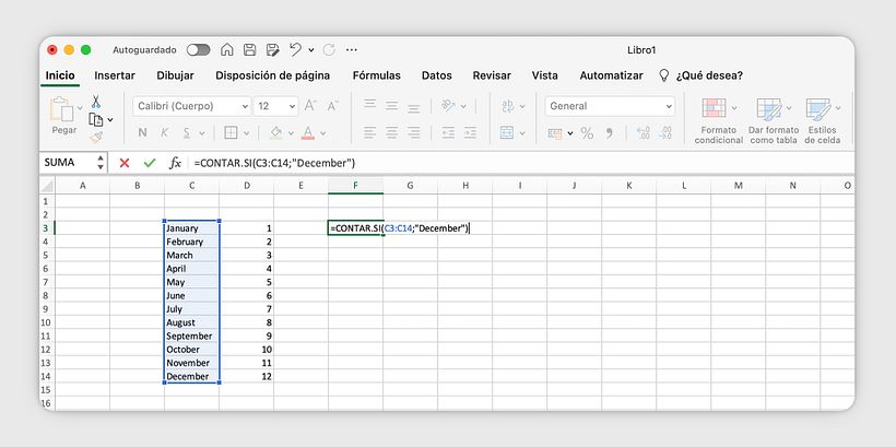 Cómo utilizar la función CONTAR SI en Excel: escribir la fórmula en la celda seleccionada