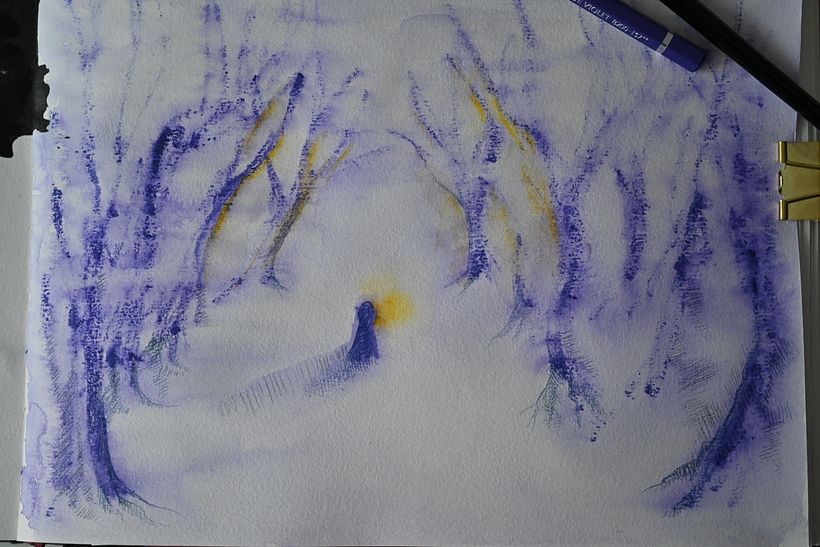 Three ingredient image: Blue violet and yellow watercolour pencil plus added water. 