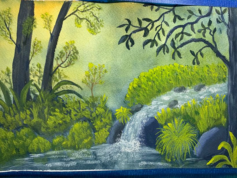 I added more bushes on the middle right and highlights on the plants and water. Getting exact colors with the photo is hard.