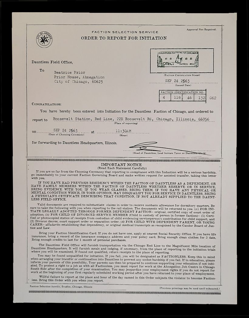 Rewritten graphic prop with stamp, typewritten sections and signature
