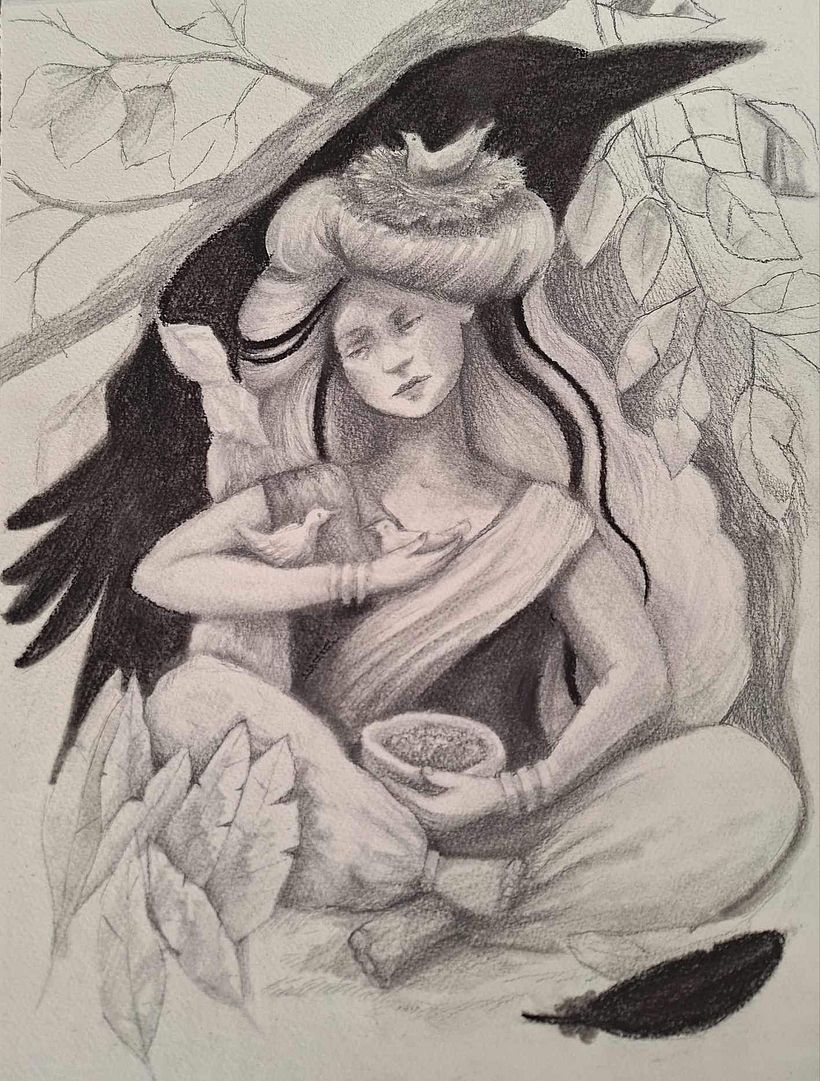 "Birds" I decided to keep parts with charcoal. The paper was Fabriano artistico but it was very coarse.