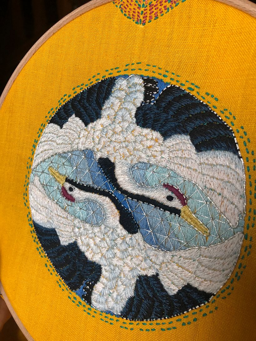 I added metal thread using a traditional Japanese embroidery technique.