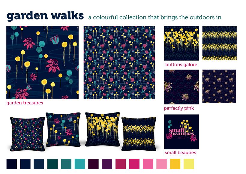 The hero pattern, with coordinates and colour palette. I've called this collection 'Garden Walks'