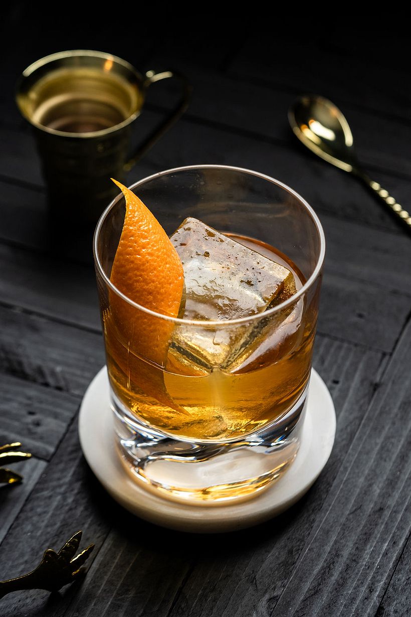 Image of a classic Old Fashioned, shot in-studio for a clear ice client.