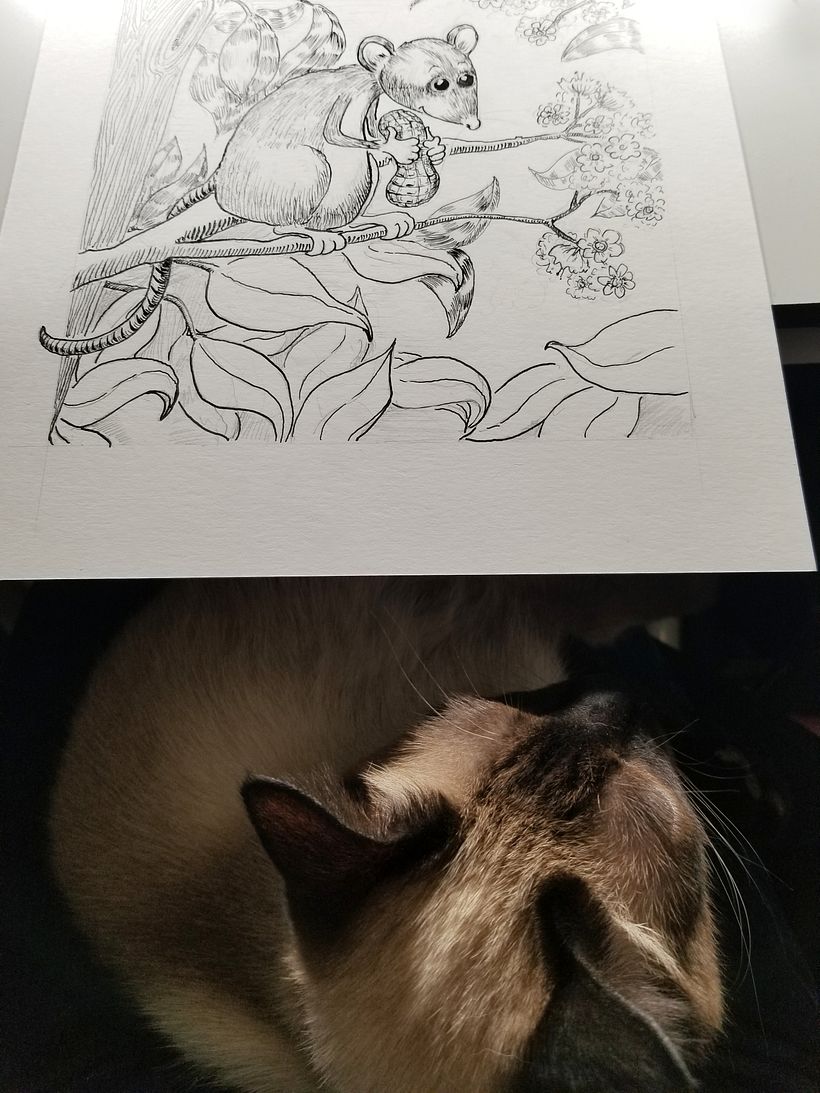 (My own "fur baby" was intrigued with the scratching sound of the dip pen.)