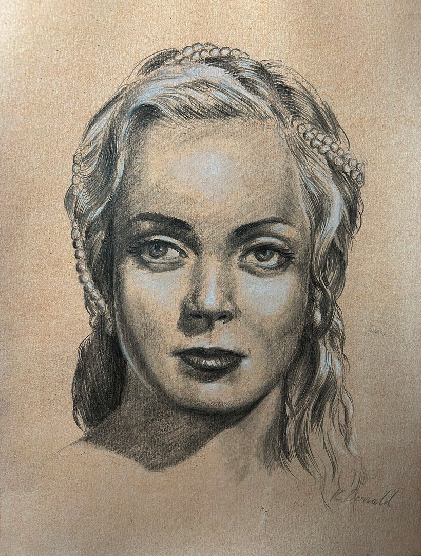  Portrait of actress Audrey Totter using pencil and Conte white pencil on stained paper.