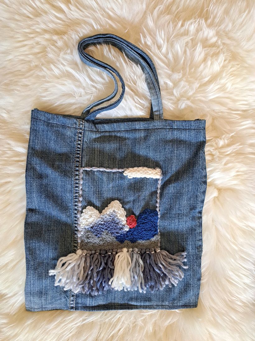 Embroidered Mountain Landscape on Denim Bag (artisan: Vesna Vidmar)