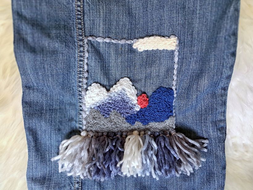More details Embroidered Mountain Landscape on Denim Bag (artisan: Vesna Vidmar)