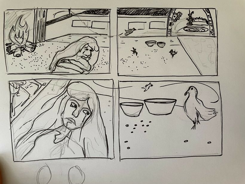 Choosing the bottom composition that focuses on Cinderella & a white pigeon