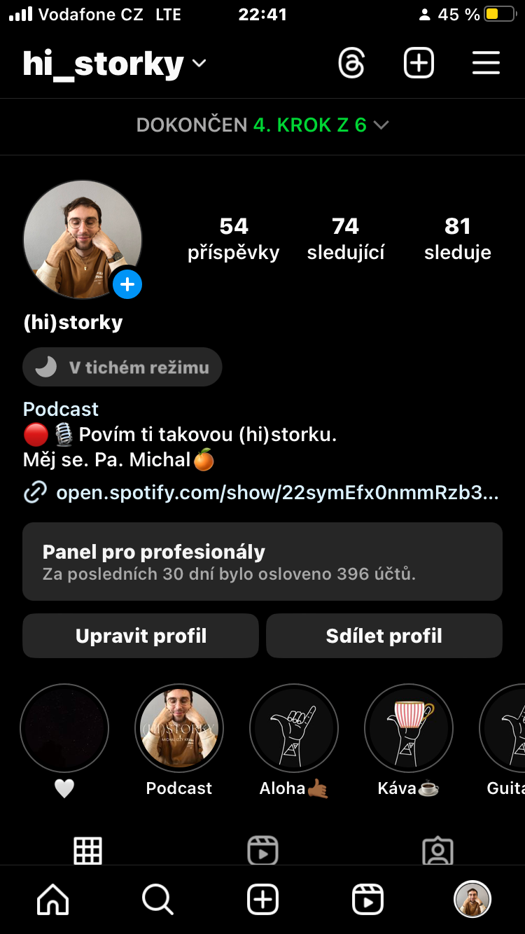 Můj osobní profil jsem proměnil na profesionální účet podcastového instsgramu. Příspěvky nahrávám na spotify