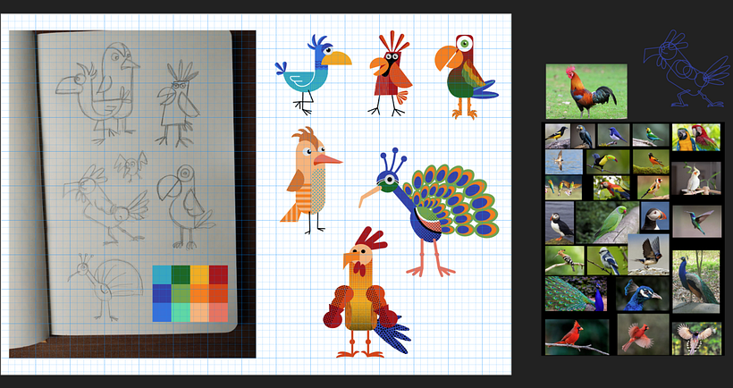 Sketches, color palette, grid and references