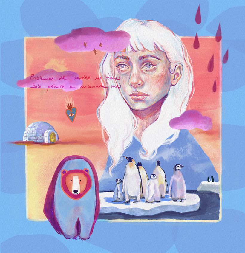 Resultado final. He hecho todo el proceso en formato digital. El retrato con lapices de colores y el resto gouache digital 