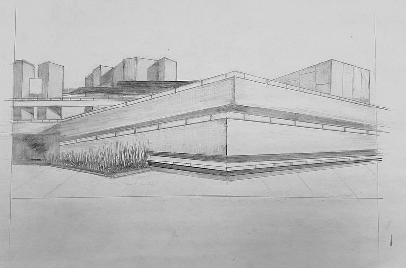 The National Theatre, (side view)London.  Pencils used, 2HB, 4B, 6B, 8B