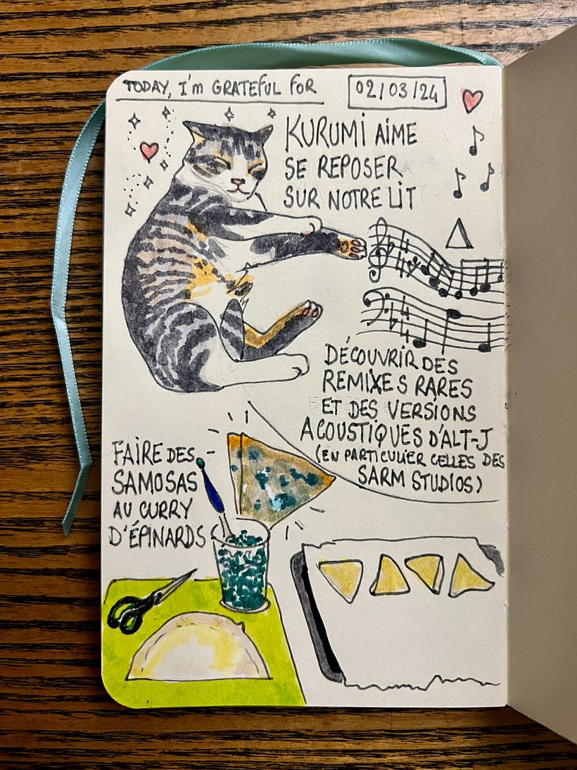 Our darling Kurumi rested and happy <3 Very good Alt-J remixes. Making spinach curry samosas !