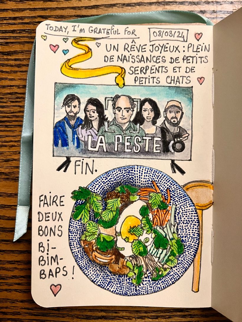 Dreaming of baby snakes and kittens <3 Finishing the series La Peste (frightening); cooking Corean bibimbap