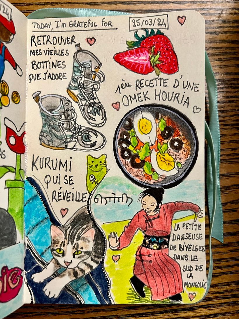 Finding my old boots that I love, watching this young Mongolian dancer, making oriental carrot salad with egg and olives