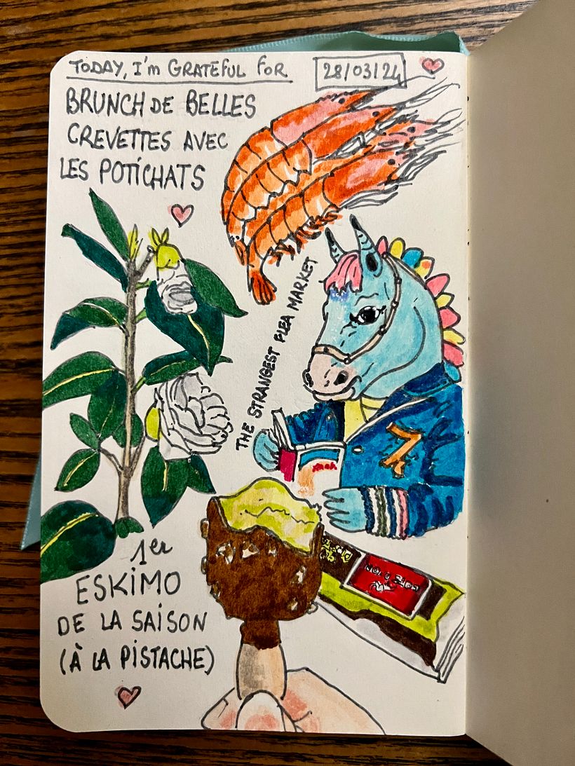 Sharing shrimps with the Potichats, 2 flowers on my white camellia, first ice cream of the season, nice blue reading horse