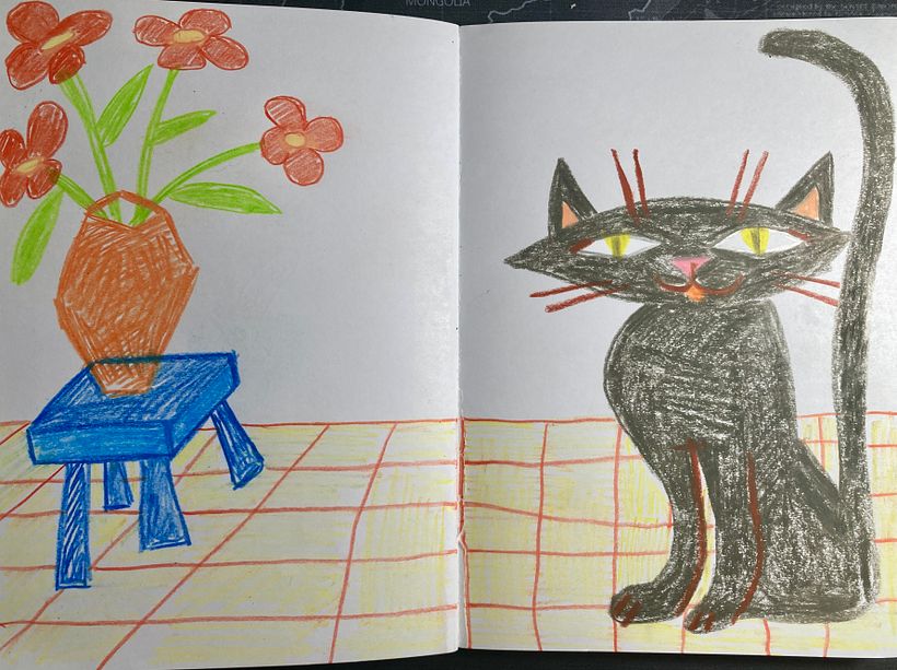 Black Cat and Flower Pot - Children's Book Character - Noura Connolly/Pixie Art Studio