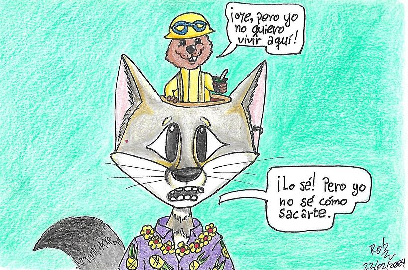 Diseño final del zorro tropical y el copio, a lápiz. Inspirado en "En mi cabeza" de K. Johansen