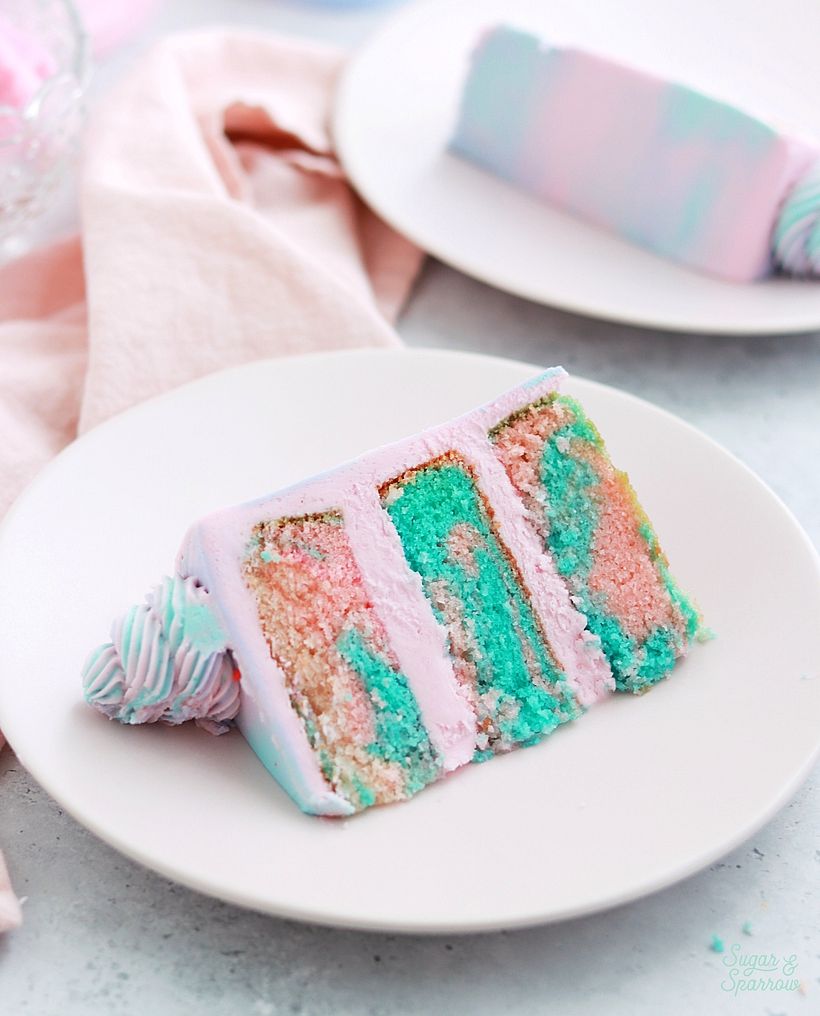 In addition to tasting like cotton candy, the inside of the cake was marbled pink and blue for even more visual intrigue