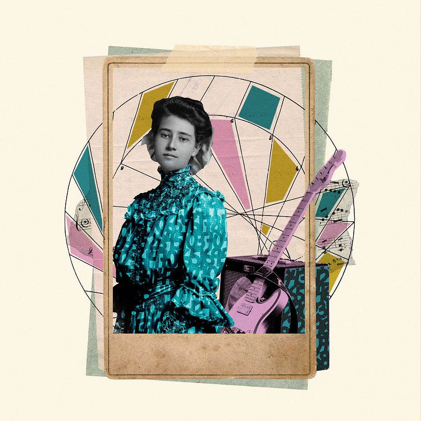 The collage of a young woman who's connected to her guitar.