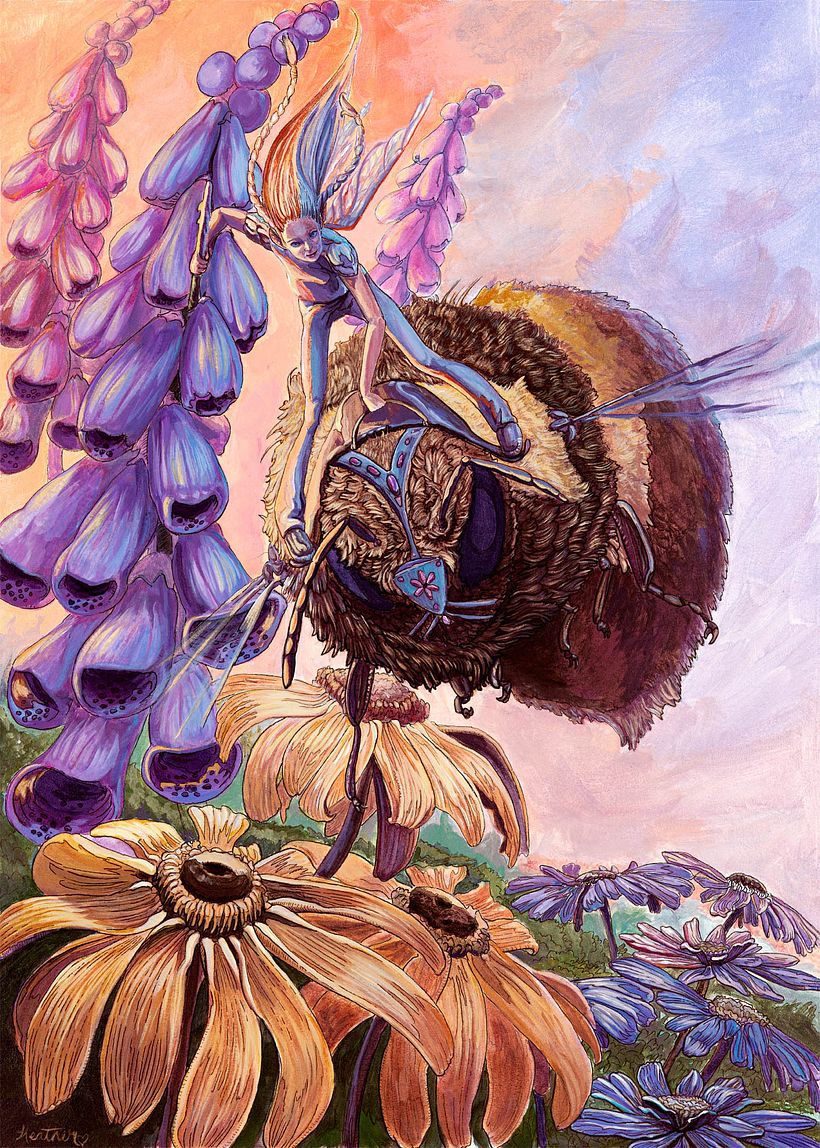 "Bumblebee Fairy" Acrylic Ink on Watercolor Paper