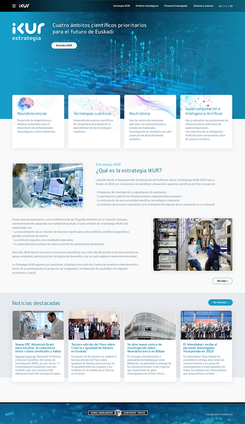 Página inicial del portal IKUR de ciencia y tecnología de Euskadi.