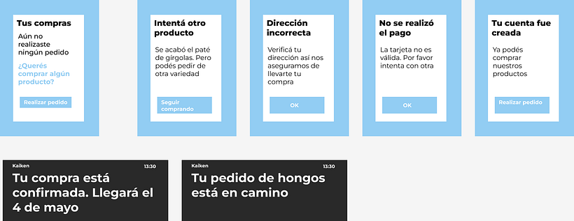 Pantalla sin contenido, mensajes de error, creación de cuenta y notificaciones push