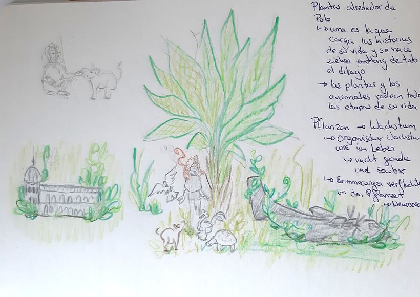 Primeras ideas de como unir la historia de mi abuela con la selva en una ilustracion.