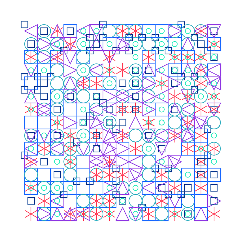 First iterations for a grid with various figures and stars, loosely based on work from Leslie Roberts