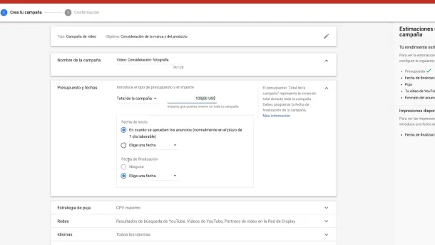 The Google Ads budget tab