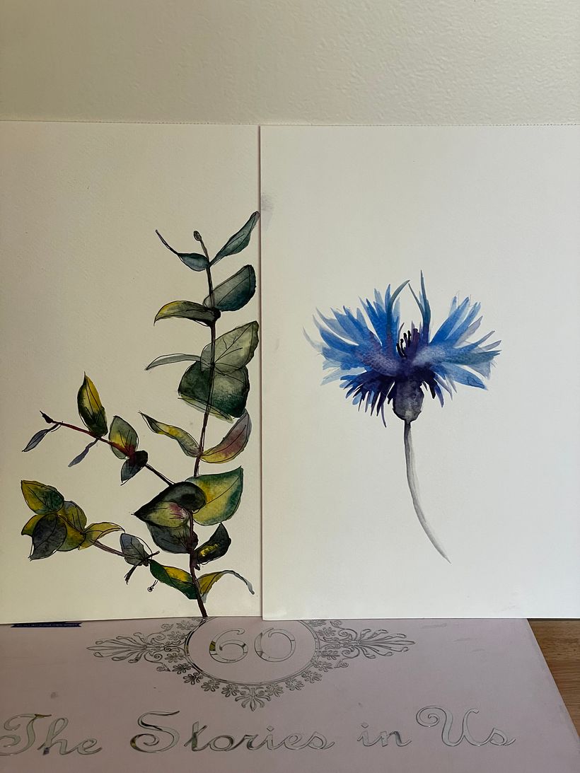 Leaves & Cornflower watercolor